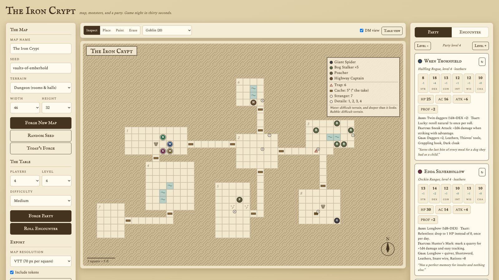Inkdelve generating a dungeon map, an encounter, and a party