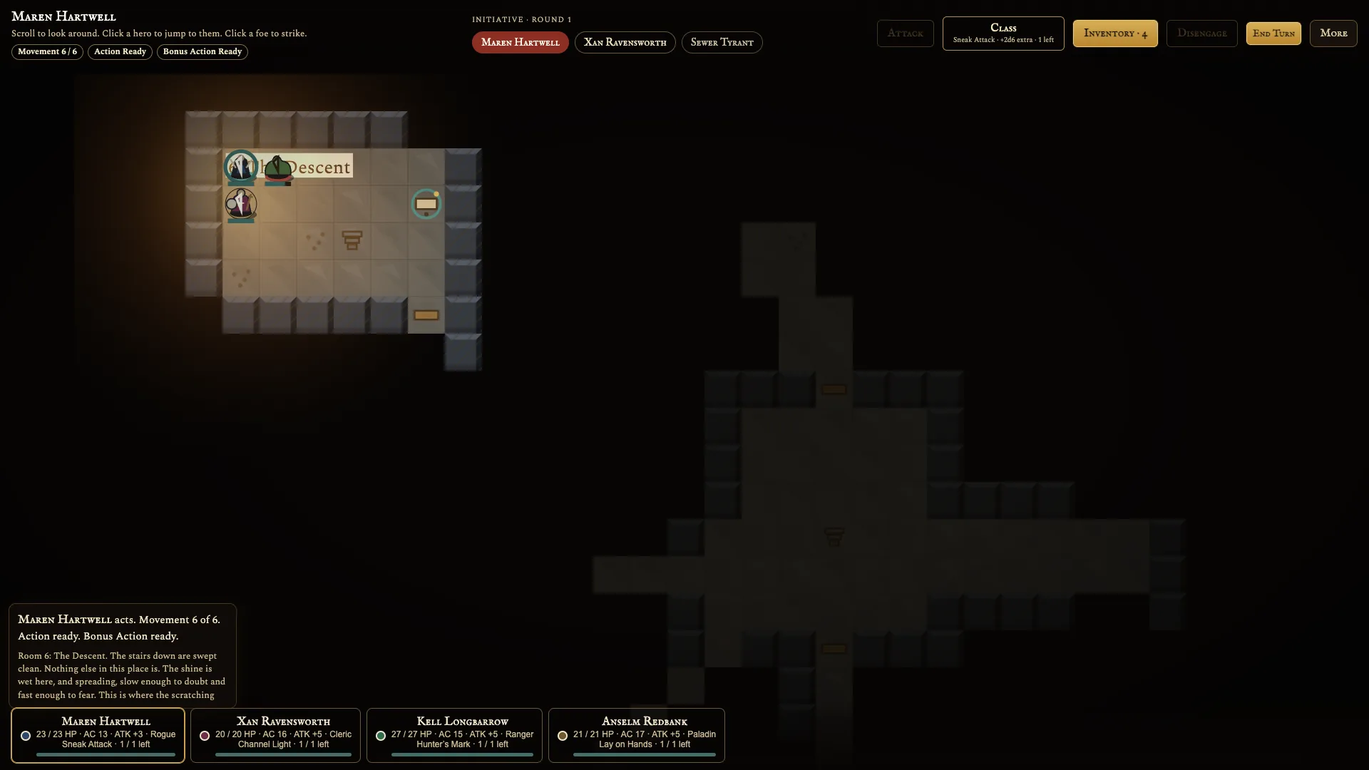 Inkdelve Solo Mode combat showing movement, Action, and Bonus Action resources