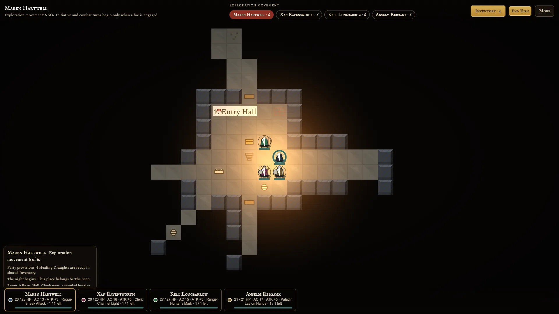 Four heroes exploring a dungeon map with fog of war in Inkdelve Solo Mode