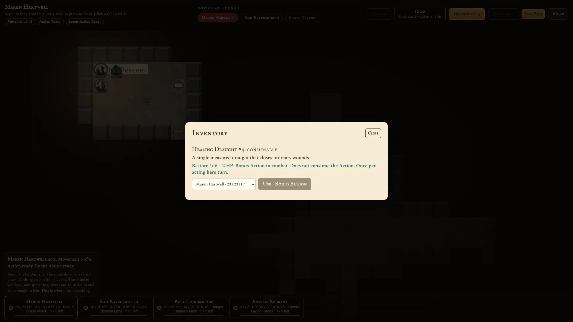 Shared party Inventory with four Healing Draughts in Inkdelve Solo Mode