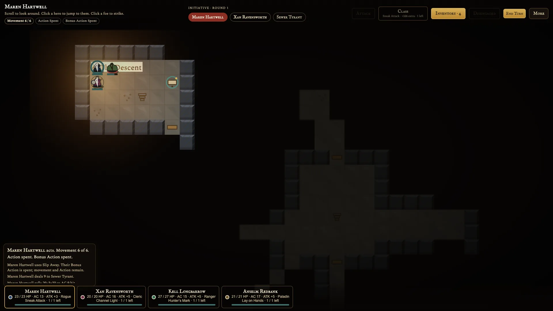 A Rogue using Sneak Attack and Slip Away during an Inkdelve Solo Mode fight